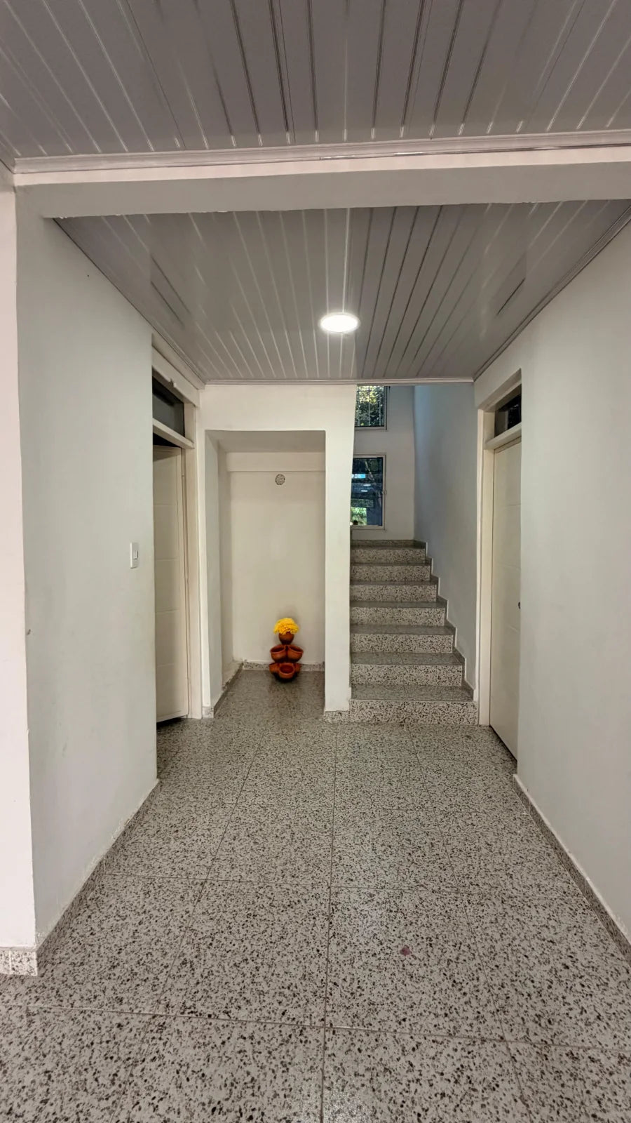 Vestíbulo interior con puertas laterales y escalera al fondo.