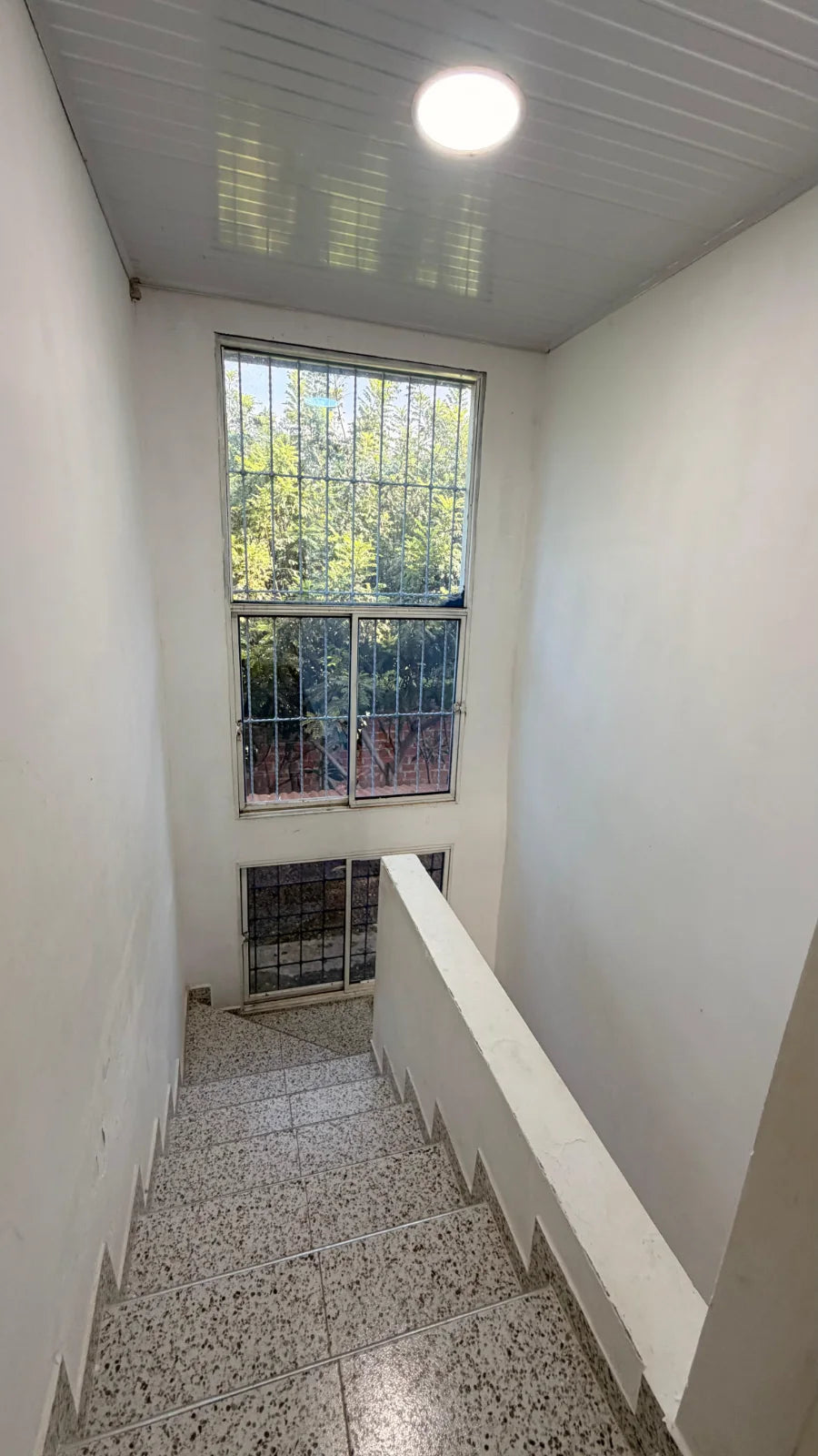 Vista desde arriba de la escalera interior con antepecho blanco y ventanas altas.